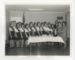 A row of girl scouts posing behind a table with cake on it by Lonnie W. Fleming Sr.