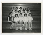 A group of female students in PE uniforms on the bleachers of a gymnasium by Lonnie W. Fleming Sr.